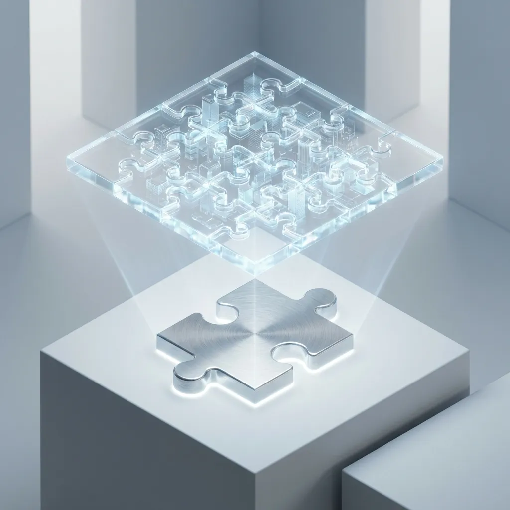 A single puzzle piece glowing and projecting a holographic image of a completed puzzle
