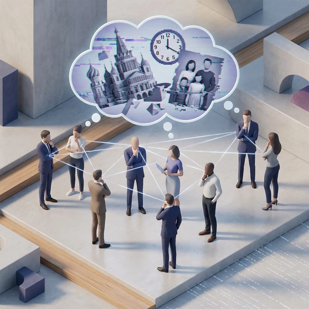 A conceptual illustration of multiple people connected by a thought bubble containing the same glitchy, incorrect memory