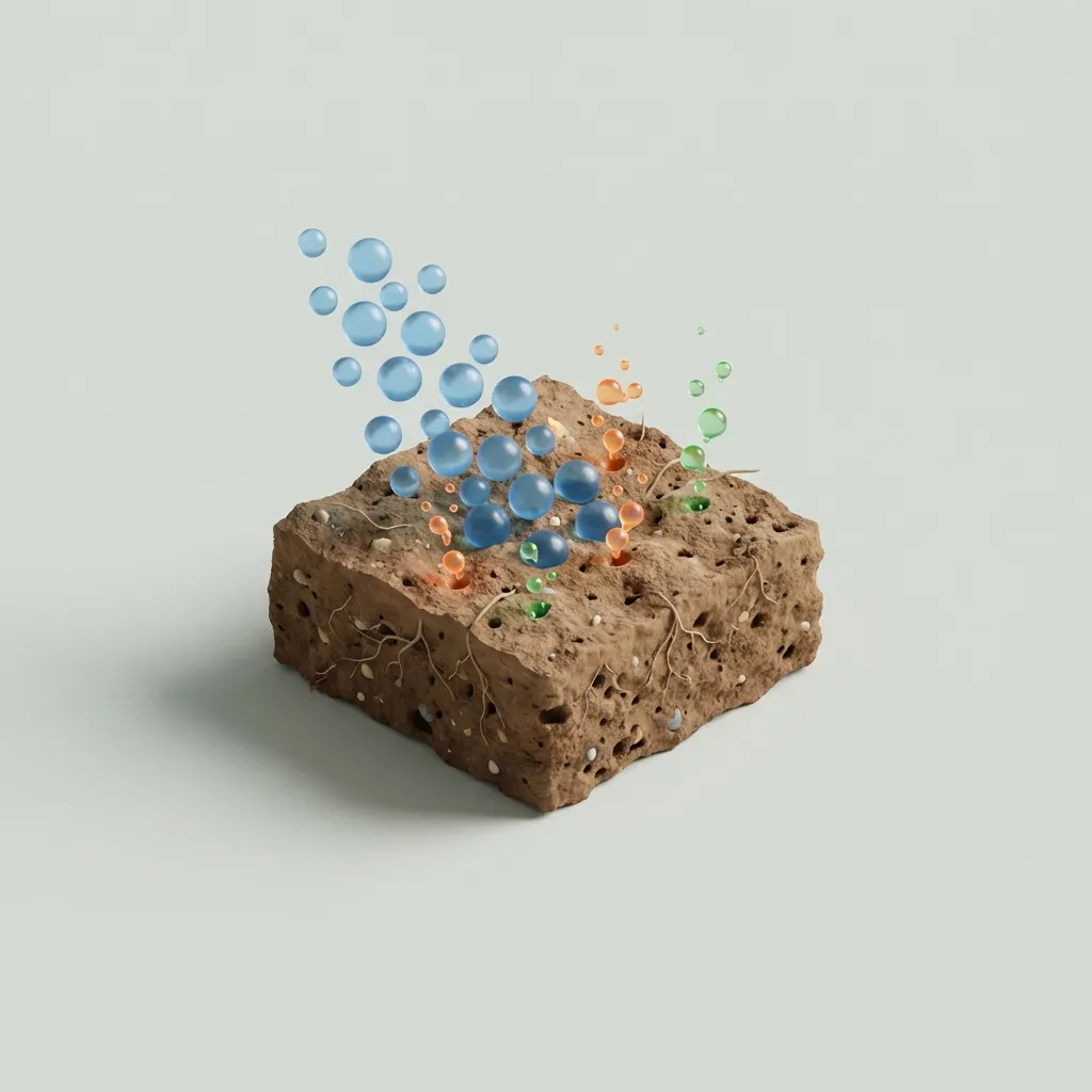 A microscopic view of rain drops hitting porous soil and releasing glowing aerosol bubbles