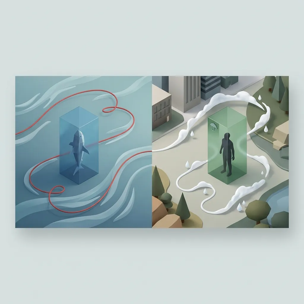 A comparative visual showing a shark tracking a blood trail versus a human tracking a scent trail of rain