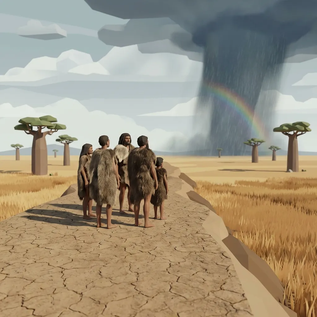 Ancestral humans standing on a dry ridge looking towards a distant rain storm