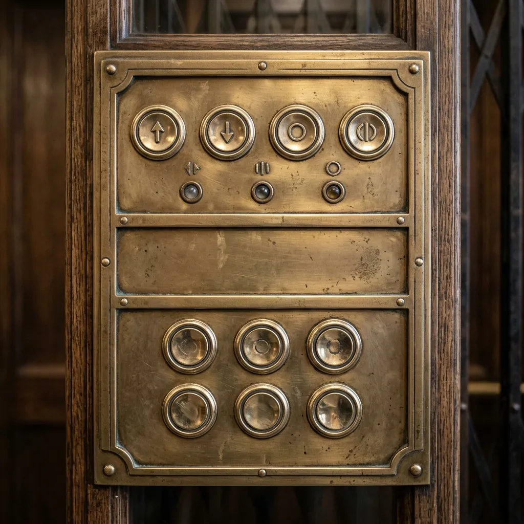 Antique brass elevator panel missing a button