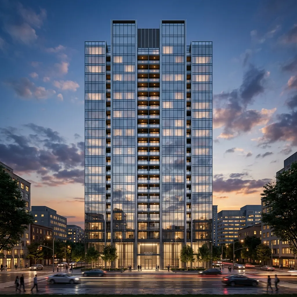 Modern glass skyscraper facade at dusk