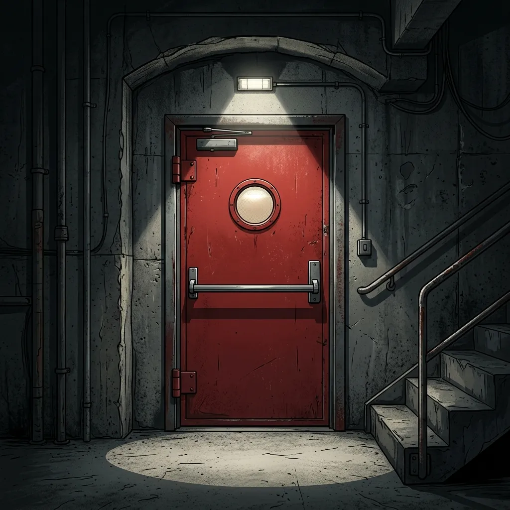 Industrial stairwell door under emergency lighting
