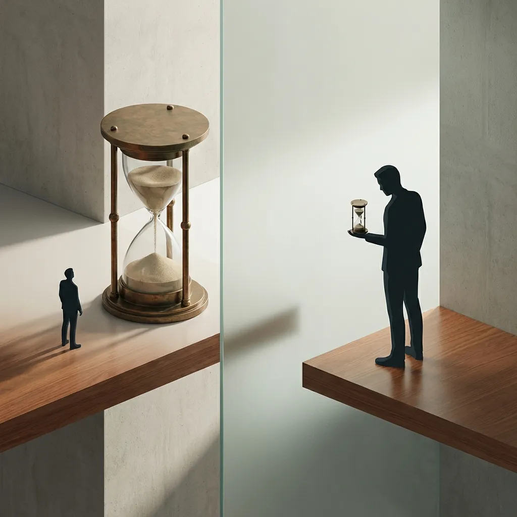 A split compostion showing a child looking at a giant hourglass compared to an elderly person looking at a tiny hourglass
