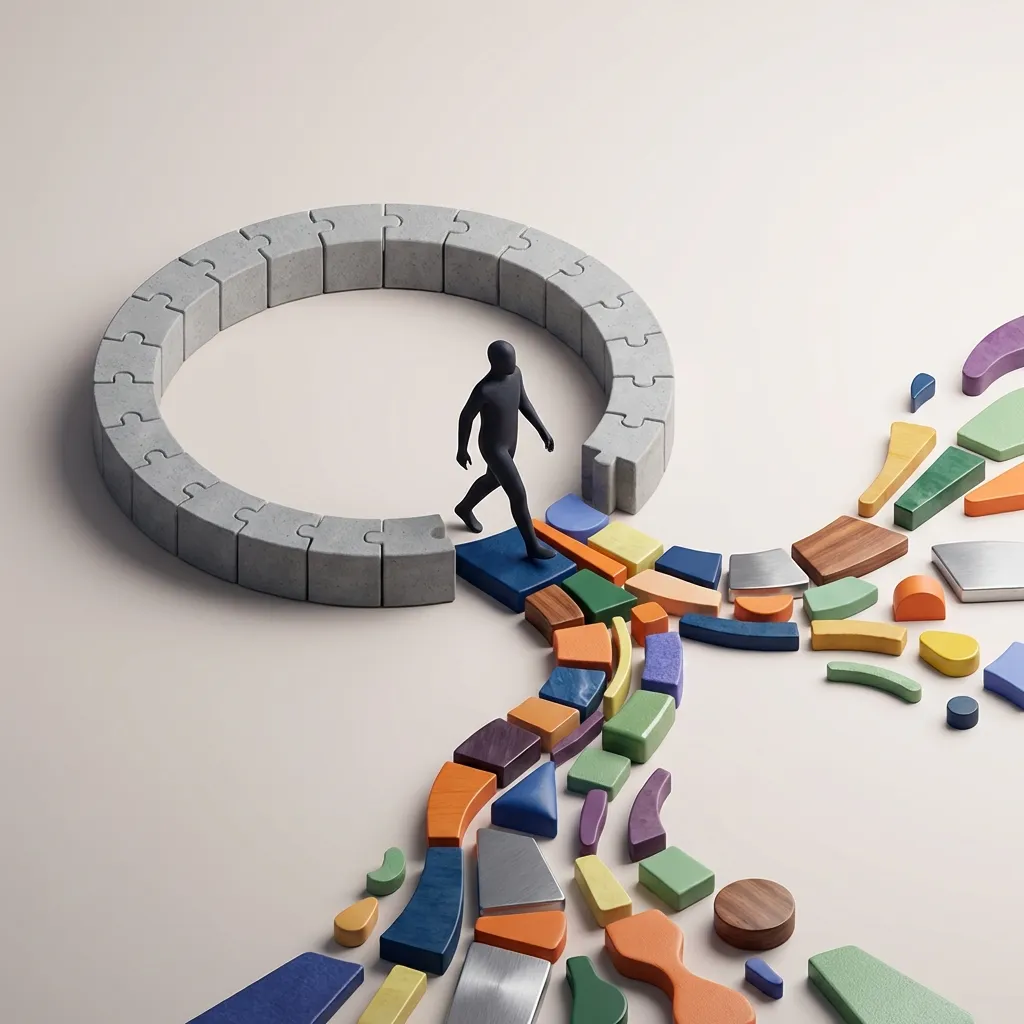 A person stepping out of a gray routine loop into a colorful, chaotic new path