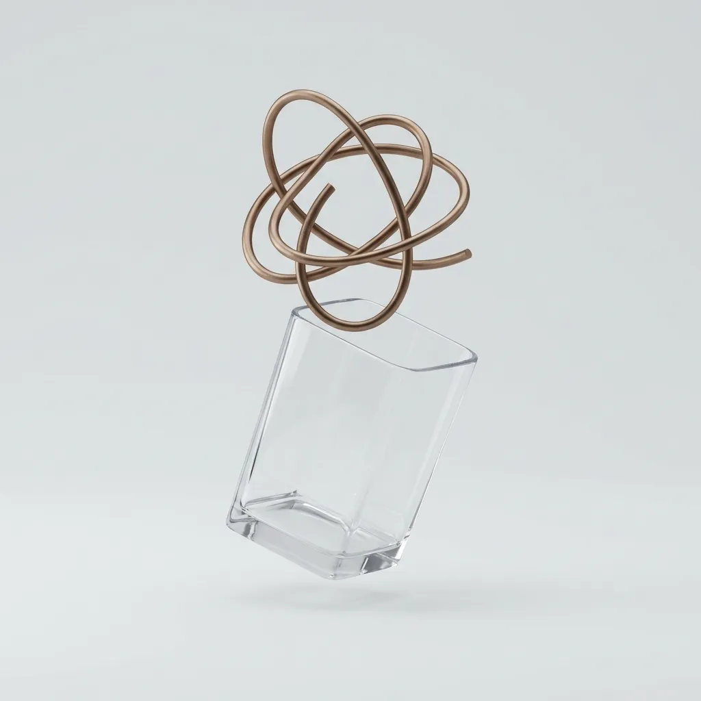 Editorial style photo of a transparent box tumbler with a single wire forming a complex knot in mid-air