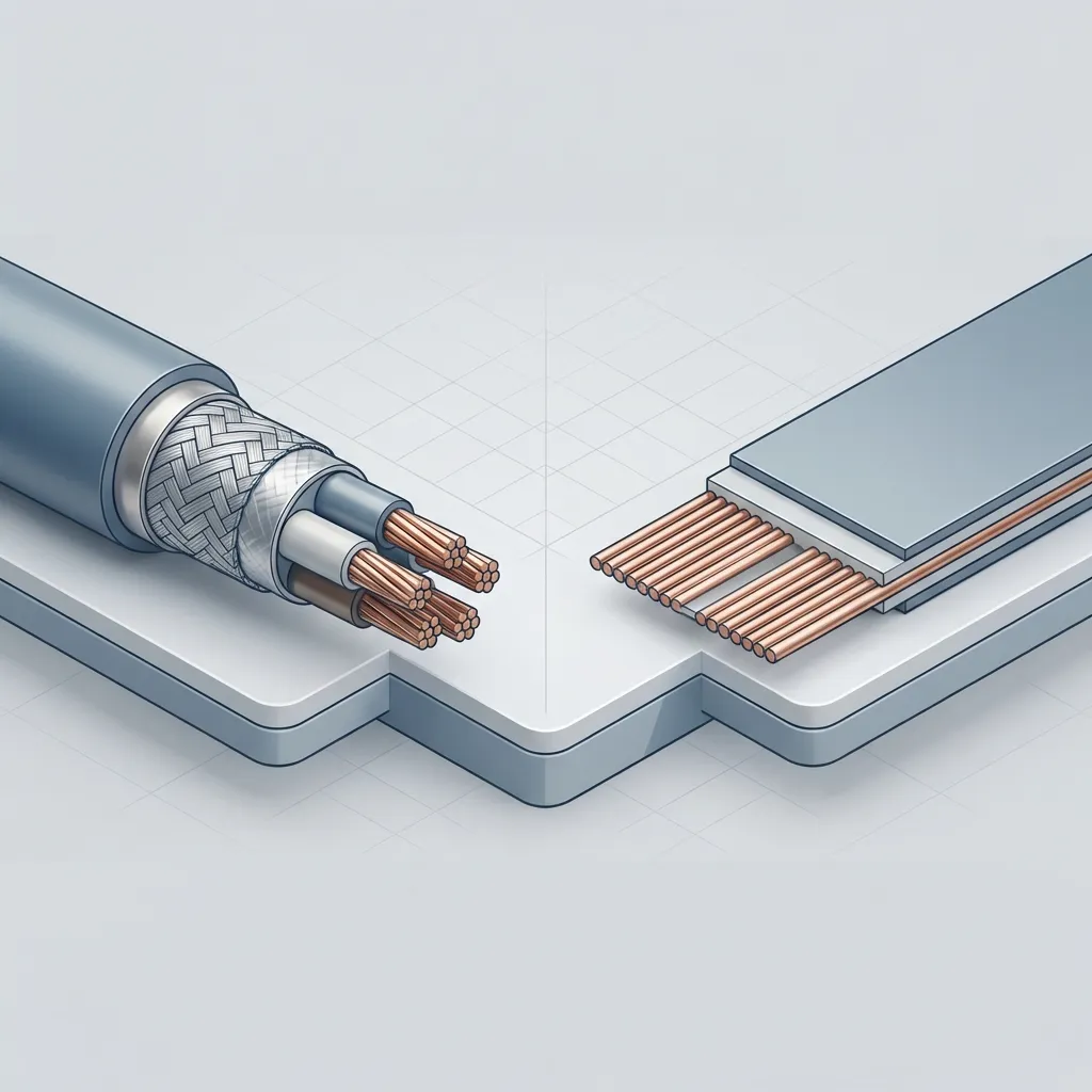 Cross section comparison of a round cable (flexible in all directions) vs a flat cable (stiff in one direction)